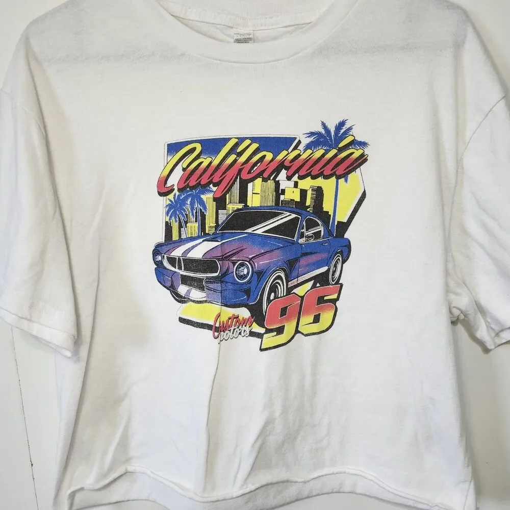 VTG California 96 Custom Motors Tee White Cropped 90's Y2K Large - Picture 3 of 8